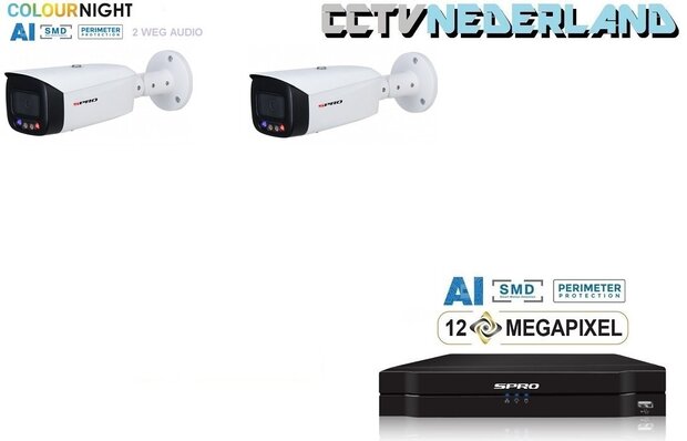 NVR 1TB met 2 x 8MP camera 24.7 full color en audio SPRO