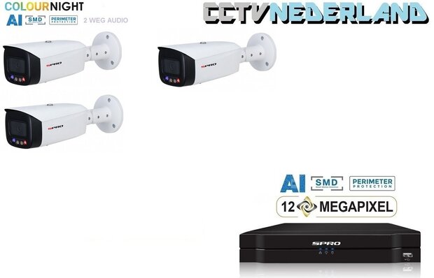 NVR 1TB met 3 x 8MP camera 24.7 full color en audio SPRO